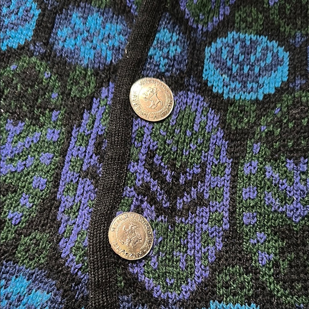 Vintage Norvyk by Ren-Dale Knit Virgin Wool Cardigan with Blue and Green Pattern - Picture 7 of 11